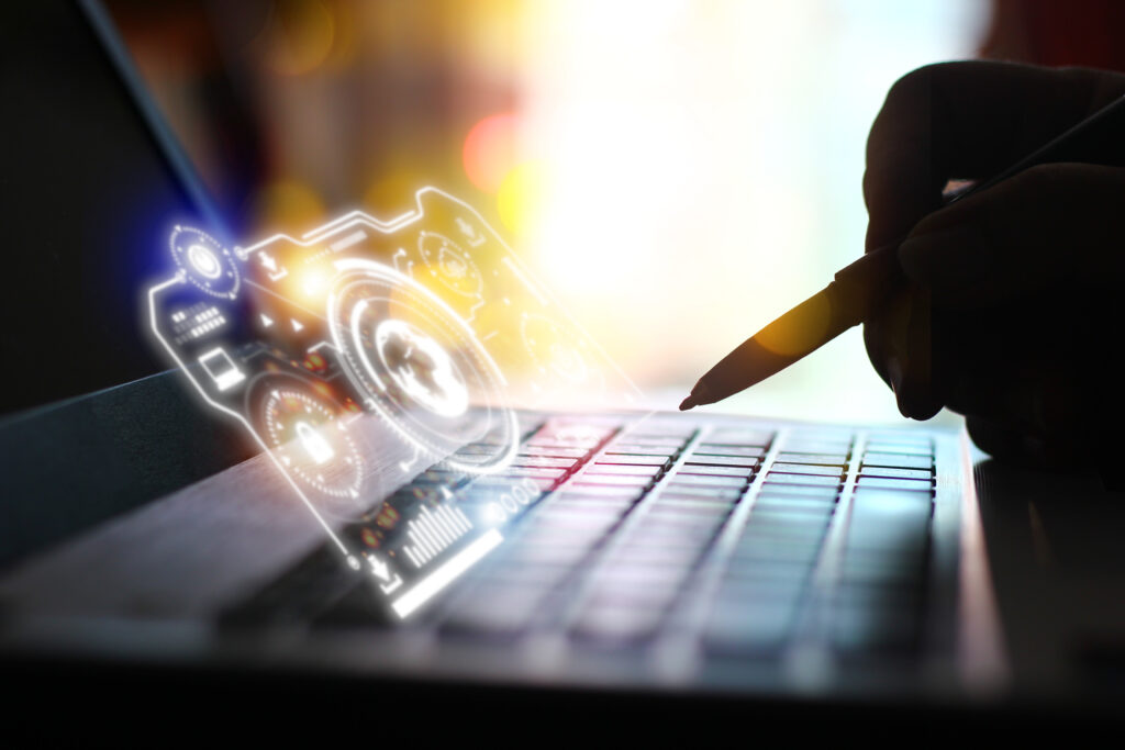 close-up-silhouette-business-hand-with-electronic-pen-pointing-futuristic-technology-icon close up silhouette business hand with electronic pen pointing futuristic technology icon