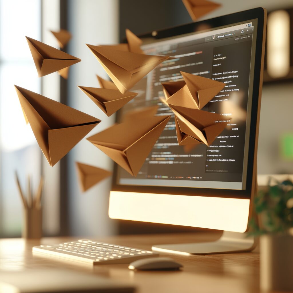 falling-paper-boats-computer-screen-office-3d-rendering falling paper boats computer screen office 3d rendering