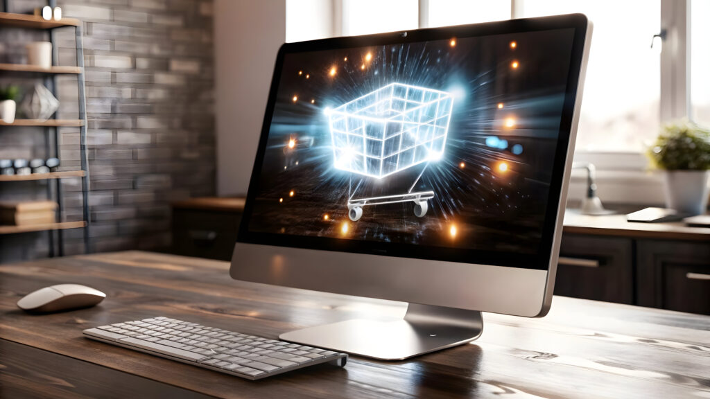 futuristic 3d desktop monitor with holographic keyboard sale icon modern tech concept isolated
