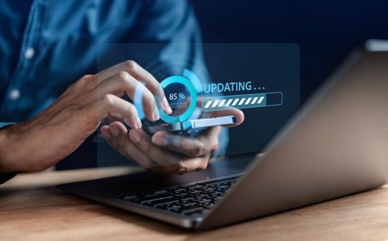 man programmer update software system with loading information upgrade version system business technology internet with installing update quality better