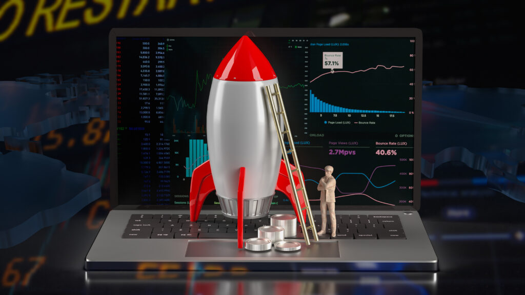 rocket coins notebook business concept 3d rendering
