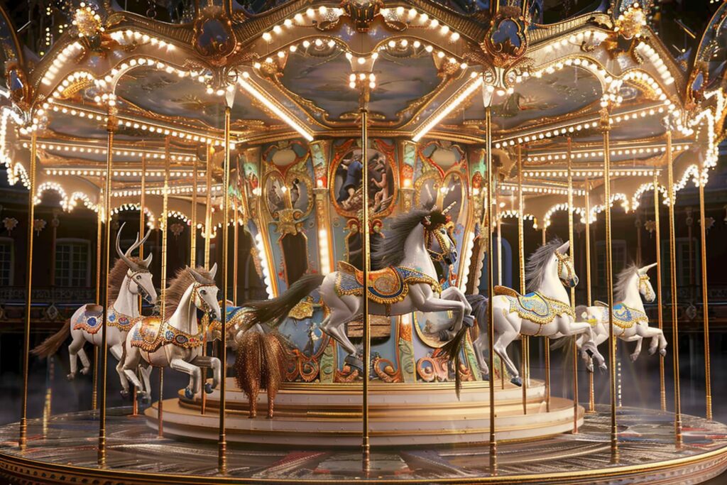 enchanted carousel with mythical creatures as caro