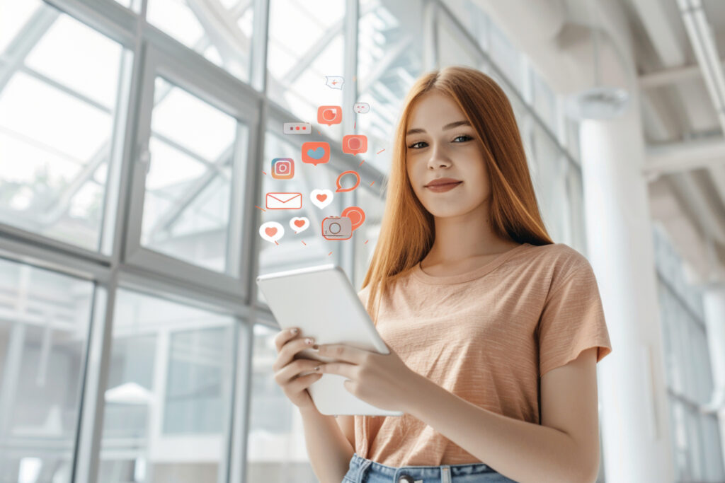 girl use smartphone playing with icon social media concept social media communication