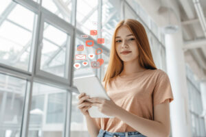 girl use smartphone playing with icon social media concept social media communication