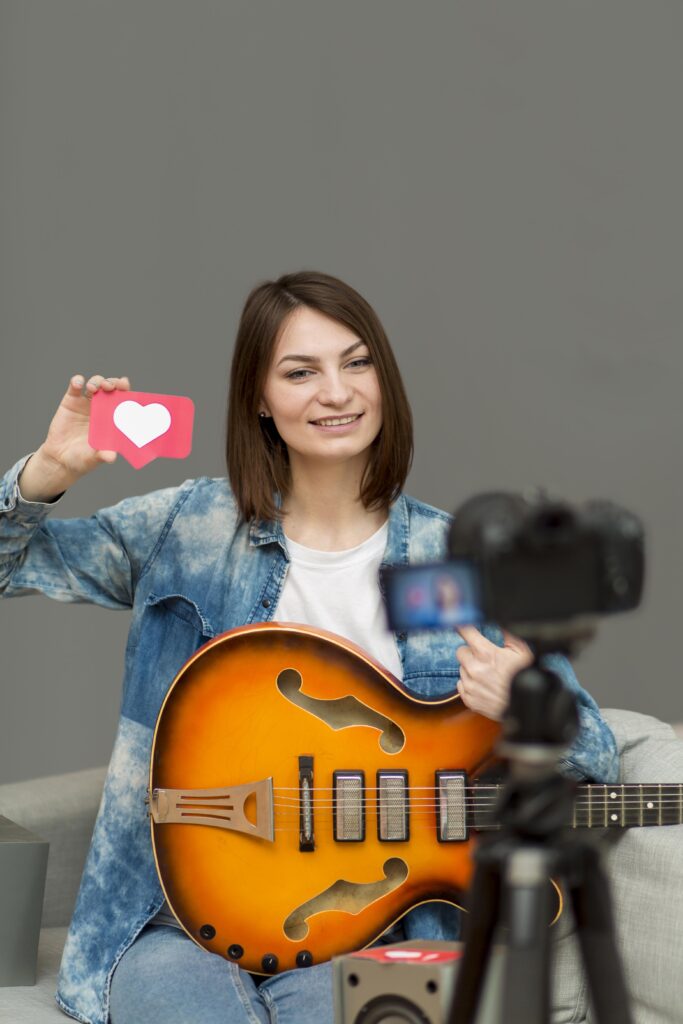 portrait-woman-recording-music-video-home portrait woman recording music video home