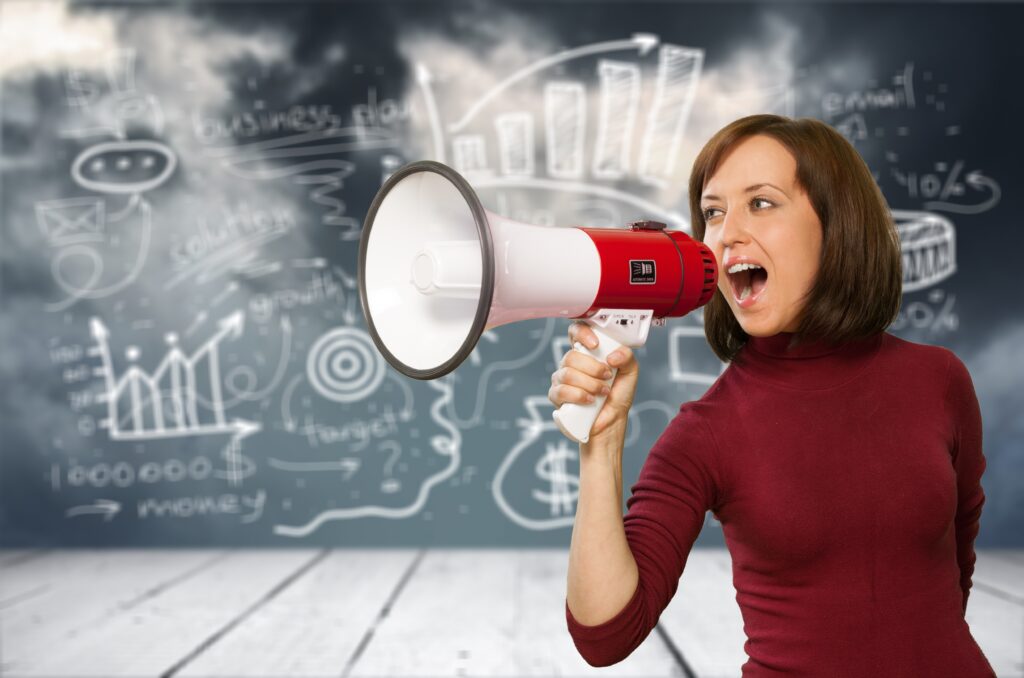woman with megaphone public speaking adult advertisement angry announce