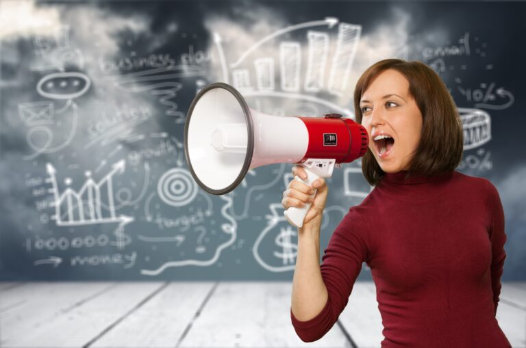 woman with megaphone public speaking adult advertisement angry announce